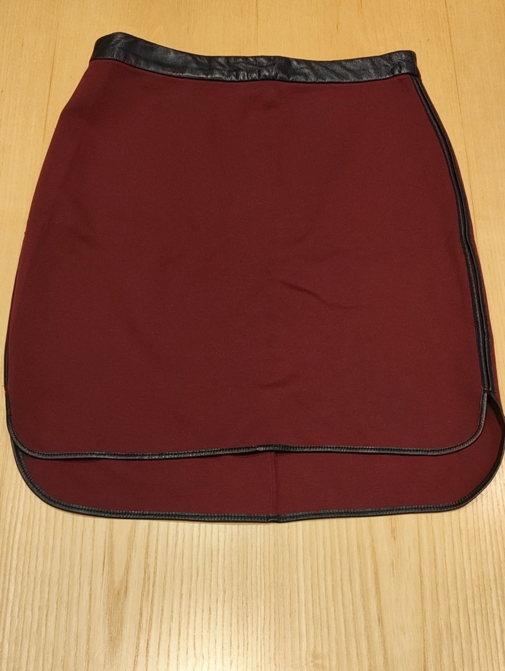 Club Monaco Burgundy Skirt with Black Lamb Leather Trim Detail